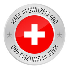 Glossy metal badge icon, made in Switzerland with flag.  stock illustration.