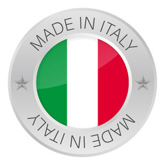 Glossy metal badge icon, made in Italy with flag.  stock illustration.