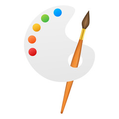 Cartoon paintbrush and palette of paints seven colors of rainbow.  stock illustration.