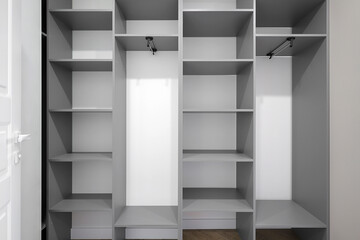 Open wardrobe with shelves in the room