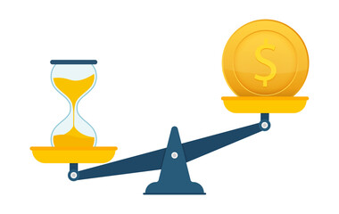 Time is money on scales icon. Money and time balance on scale.  stock illustration.