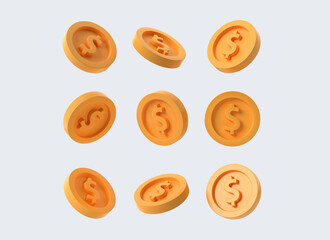 Obraz premium 3d set of gold coins in different positions with a dollar sign. illustration in a minimalistic cartoon style. 3d rendering isolated on light background.