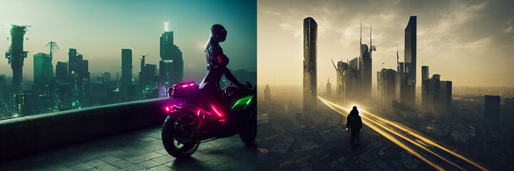Future, cyberpunk city, people on the road, neon lights, collection