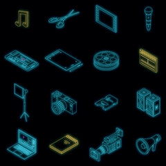 Video editing icons set. Isometric set of video editing vector icons neon color on black