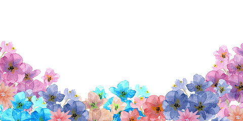 Banner con fiori colorati chiari, illustrazione isolata su sfondo bianco - obrazy, fototapety, plakaty