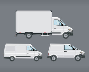three white mockup vehicles