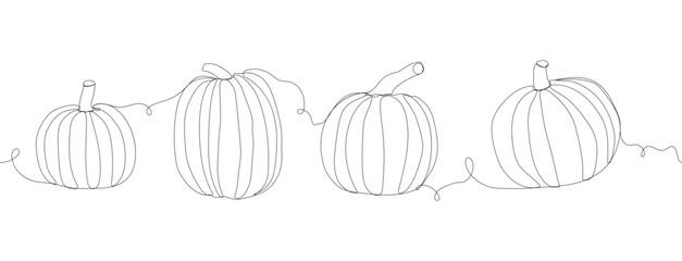 Single continuous line drawing of whole big round healthy organic pumpkins. Fresh fall fruitage concept for fruit garden icon. Modern one line draw design vector illustration. Seamless border
