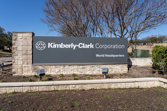 Irving,  Texas, USA - March 20, 2022: Kimberly-Clark Corporation&rsquo;s sign at its headquarters in Irving,  Texas, USA. Kimberly-Clark Corporation is an American multinational personal care corporation. 