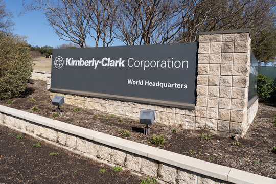 Irving,  Texas, USA - March 20, 2022: Kimberly-Clark Corporation&rsquo;s sign at its headquarters in Irving,  Texas, USA. Kimberly-Clark Corporation is an American multinational personal care corporation. 