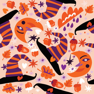 Happy Halloween seamless pattern Pumpkin, bat, ghost, skull, star, owl, spider , hat. Vector cartoon illustration background© mistletoe