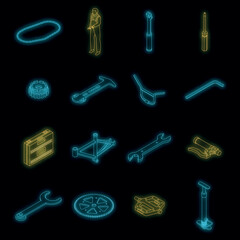 Bicycle repair icons set. Isometric set of bicycle repair vector icons neon color on black