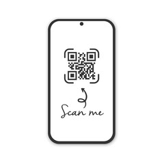 Realistic smartphone with qr code scanner. Scan me.