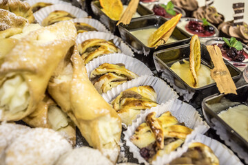 typical chilean food, breakfast, dinner and dessert buffet