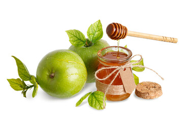 Honey dripping from wooden stick, jar of honey, green apples. White background. Rosh Hashanah...
