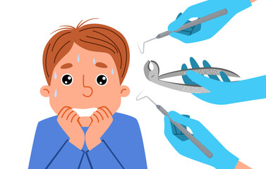 The boy is afraid of the dentist. A frightened patient is a child experiencing a panic attack in the office of a dental clinic. Vector cartoon illustration in a flat style.