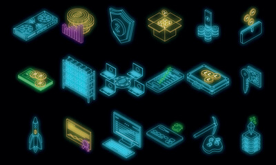 Cryptocurrency icons set. Isometric set of cryptocurrency vector icons neon color on black