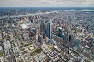 Naklejka premium Top View of Downtown Skyline Philadelphia USA and City Hall. Philadelphia City Center, Pennsylvania. Business Financial District and Skyscrapers in Background.