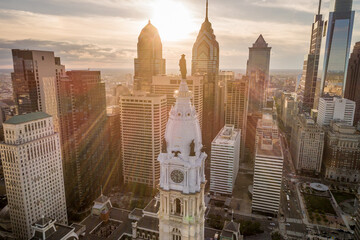 Statue of William Penn. Philadelphia City Hall. William Penn is a bronze statue by Alexander Milne Calder. Beautiful Sunset Light.