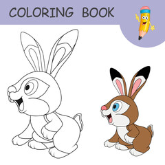 Coloring book with cartoon Hare or Rabbit. Side view of hare with long ears. Hare as a symbol of the new year. Template of colorless and color samples of Rabbit. Practice worksheet for kids.