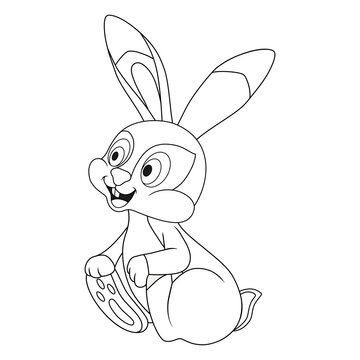 Young Hare sits and holds its paws. Template of coloring book with colorless cartoon Holiday Rabbit. Practice worksheet or Anti-stress page for kids. Hare, Rabbit as a symbol of the New Year or Easter