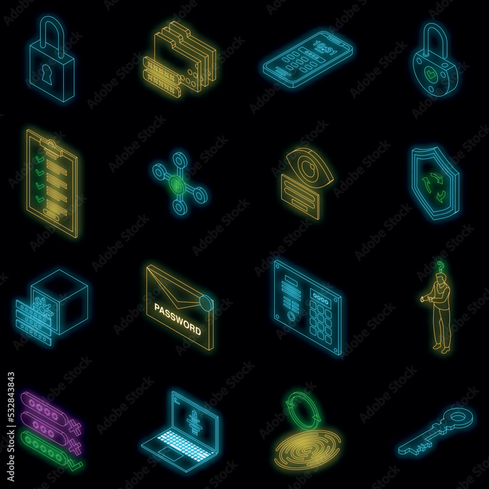 Aufkleber password recovery icons set. isometric set of password recovery vector icons neon color on black
