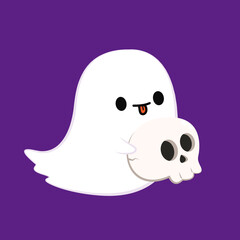 Happy halloween party greeting card with cute ghost. Holidays cartoon character. Trick or treat. Halloween funny cartoon.