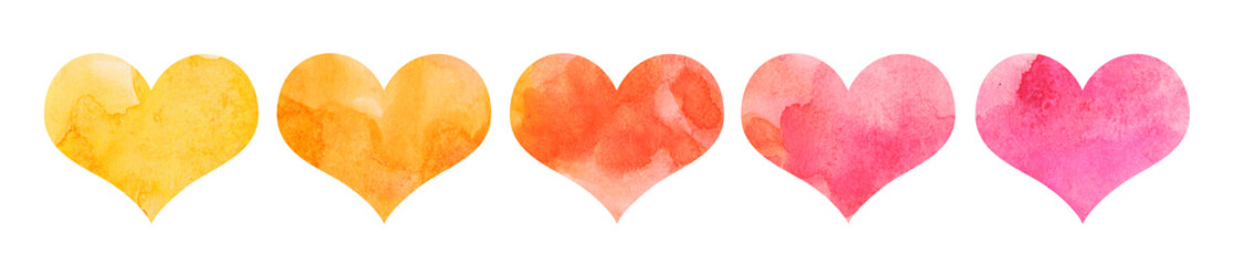 Set of watercolor painted yellow red heart. Handmade painting illustration.