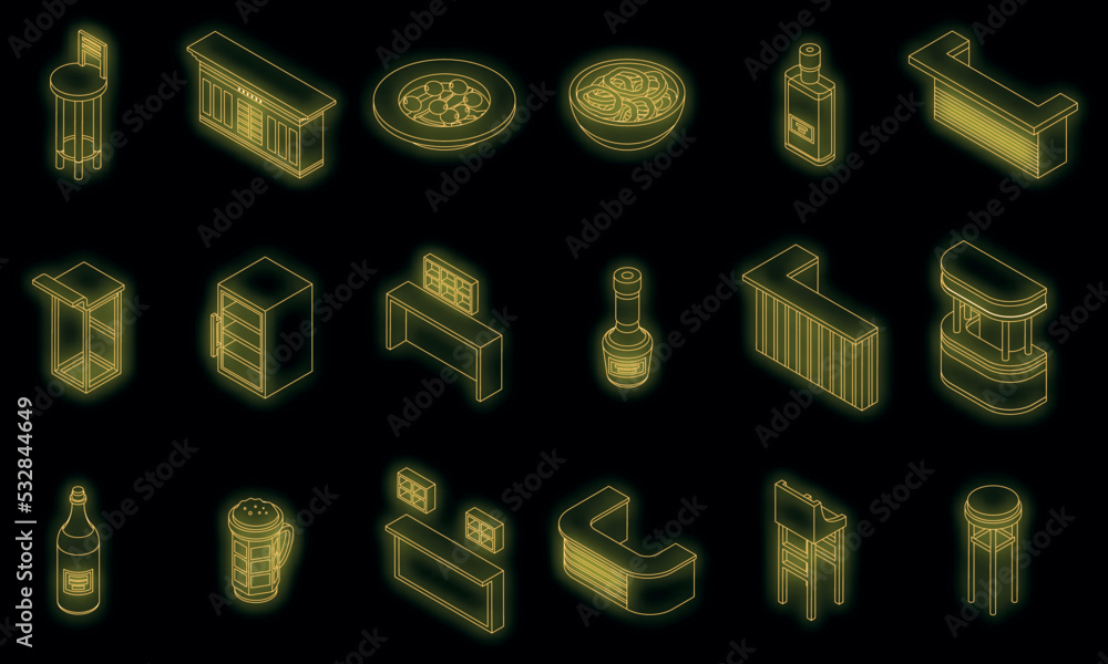Poster bar counter icons set. isometric set of bar counter vector icons neon color on black