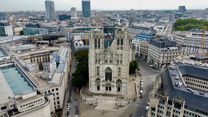 drone photo St Michaeal and St Gudula Cathedral, St-Michiels en St-Goedelekathedraal Brussel brussels Belgium europe	