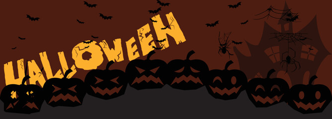 Halloween pumpkins, funny faces. Autumn holidays. haunted house. Big spooky Helloween symbol. Halloween night background with pumpkin