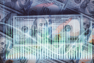 Multi exposure of forex chart drawing over us dollars bill background. Concept of financial success markets.