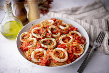 seafood tomato sauce spaghetti with calamari