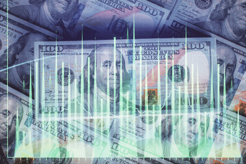 Fototapeta premium Multi exposure of forex chart drawing over us dollars bill background. Concept of financial success markets.