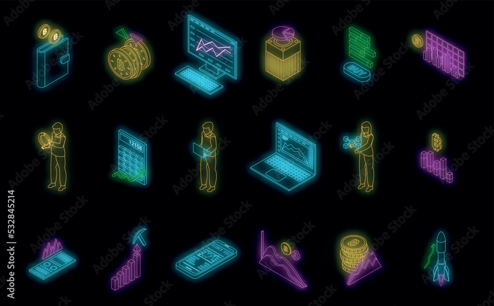 Poster bitcoin chart icons set. isometric set of bitcoin chart vector icons neon color on black