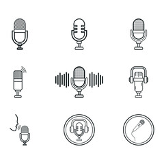 Microphone icon collection vector. Podcast microphone and headphone icon bundle. Sound equalizer with microphone, podcast system icons. Sound recorder and equalizer vector silhouette