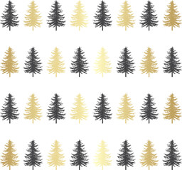Christmas tree seamless pattern. Noel gold on black print, New year winter decoration, golden christmas background with firs and snowflakes, wallpaper, wrapping paper design