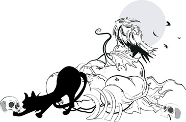 Trick or Treat coloring page. Halloween coloring page for kids. Cartoon children in Halloween costumes. Vector illustration