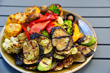 a plate of grilled vegetables. vegetable kebab. simple and delicious food.