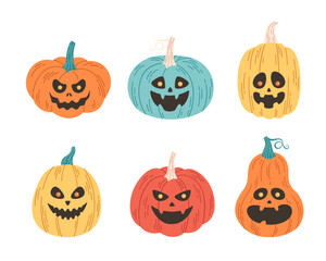 Halloween pumpkins collection, Jack o'lantern. Happy Halloween, trick or treat. Halloween elements. Hand drawn vector illustration