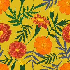 Seamless pattern with marigolds flowers and leaves. Dia De Muertos. Catrina. The Mexican day of the Dead. Indian holiday Diwali. Halloween. Hand drawn on yellow background