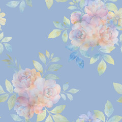 seamless pattern, watercolor flowers for design on a blue background isolate.