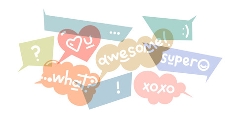 Vector isolated pastel color transparent speech bubbles composition with words and symbols. Various call out shapes for backdrops. Communication concept for social media, stickers, posters.