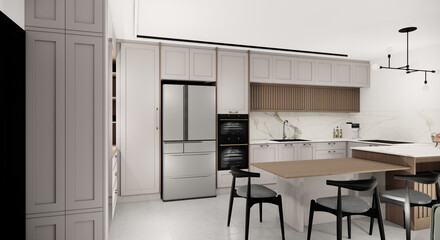 Kitchen design  in new luxury home and  pendant lights 3d render 3d illustration