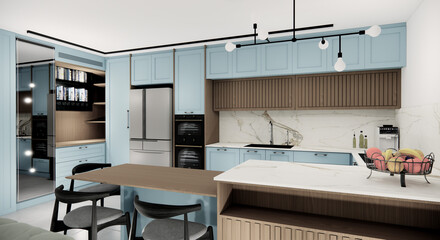 Kitchen design  in new luxury home and  pendant lights 3d render 3d illustration