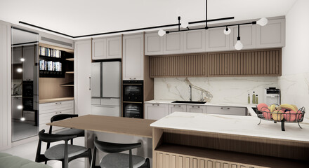 Kitchen design  in new luxury home and  pendant lights 3d render 3d illustration