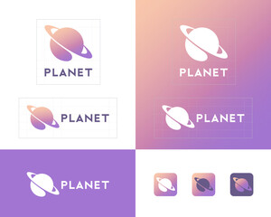 Planet logo. Saturn planet emblem. Sphere with ring. Identity, corporate style, app button set. © Nataly