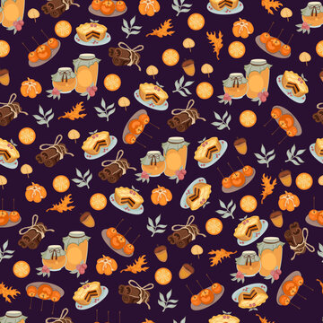 Autumn hand drawn seamless pattern with seasonal elements on violet background. Great for fabric, wallpaper, textile, packaging. Vector illustration. © Zhamilya