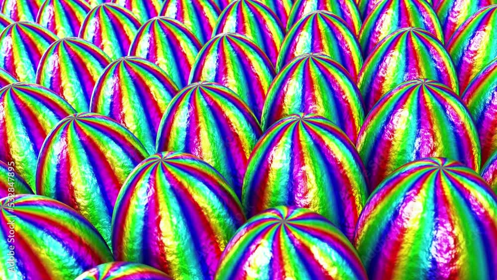 Poster realistic tracking dof camera looping 3d animation of the fancy foiled colorful rainbow striped east