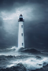 Lighthouse by the ocean, stormy sky, crashing waves