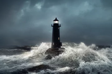 Rolgordijnen Lighthouse by the ocean, stormy sky, crashing waves © Mikiehl Design